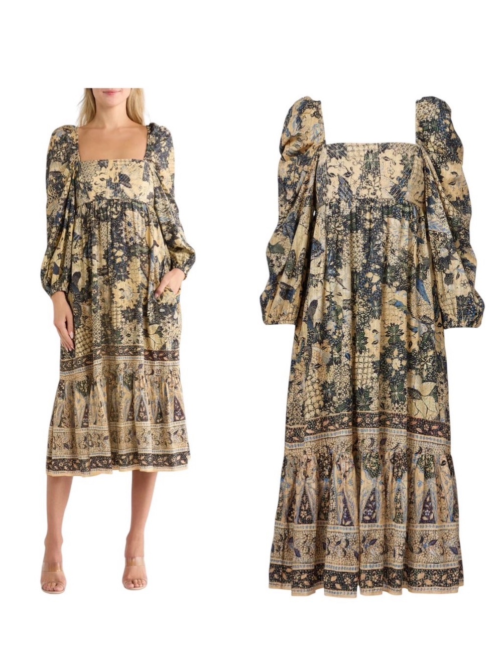 ULLA JOHNSON Natilda Boho Patchwork Floral Puff Sleeve Square Neck Maxi Dress